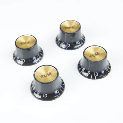 Set of 4 Top Hat Bell Style Guitar Knobs (2x tone 2x volume) Gold Foil-top, Black