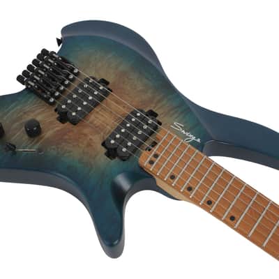 Swing UV-1F Matte Blue Burst Headless Electric Guitar Burl Top Fan Fret Multi Scale image 3