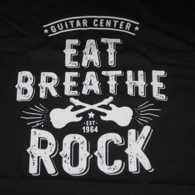 new in package A+ Guitar Center EAT BREATHE, ROCK Men's Size Large (L), Black 100% Cotton Short Sleeve T-Shirt - Graphic is in White and it says / shows: GUITAR CENTER EST. 1964, EAT, BREATHE, ROCK + has dual guitars, stars, & lines (Style # GC005-11730) image 4