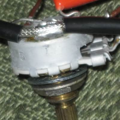 used 1997 Gibson control harness: 1 vol pot & 1 tone pot short shaft +nut/washer,wires,wire insualtion,capacitor,jack+nut/washer,switch +switch tip,nut +comes w/ new switch washer (NO other parts included) from The Hawk guitar (guitar NOT included) image 17