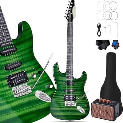 39" Full Size ST Style Electric Guitar Starter Kit with SSH Pickup, 5W Portable Amp, Tuner, Gig Bag, Strap & Accessories (Green Flame) image 1