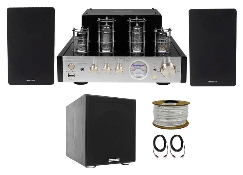 Rockville BluTube Bluetooth Tube Amplifier+6.5" Black Bookshelf Speakers+8" Sub image 1