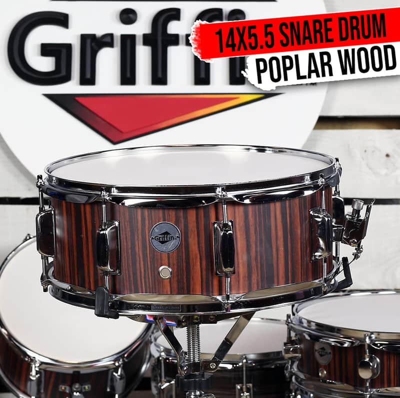 GRIFFIN Snare Drum - 14X5.5" Poplar Wood Shell Acoustic Percussion Head Kit Set image 1