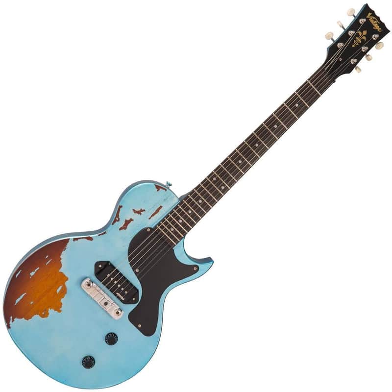 Vintage V120 ICON Electric Guitar ~ Distressed Gun Hill Blue Over Sunburst image 1