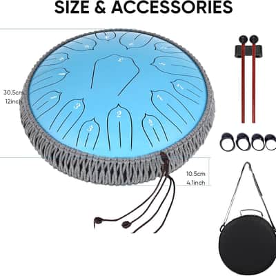 Steel Tongue Drum 12 Inch 15 Handpan Drums Set with Music Book Mallets Carry Bag - Hand Pan Instrument for Adults Musical Education Meditation (Blue) image 2