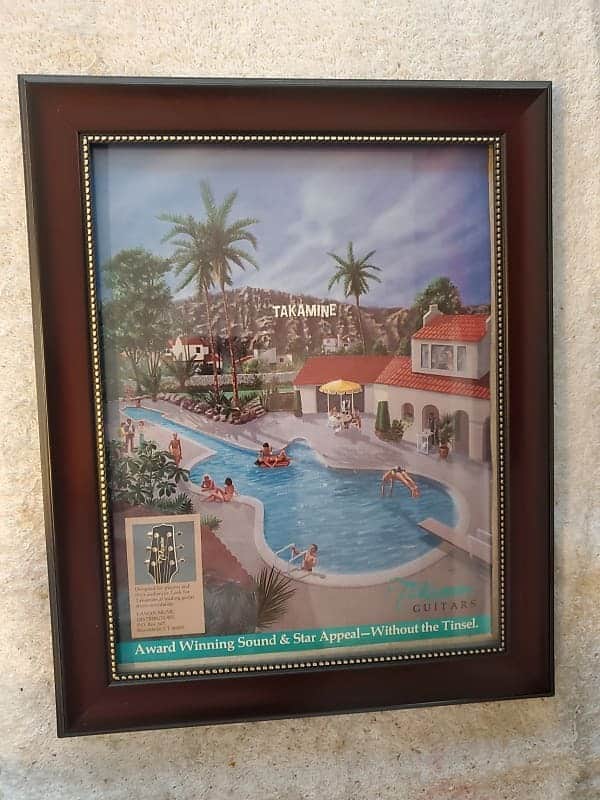 1985 Takamine Guitars Color Promotional Ad Framed Hollywood Guitar Shaped Pool Original image 1