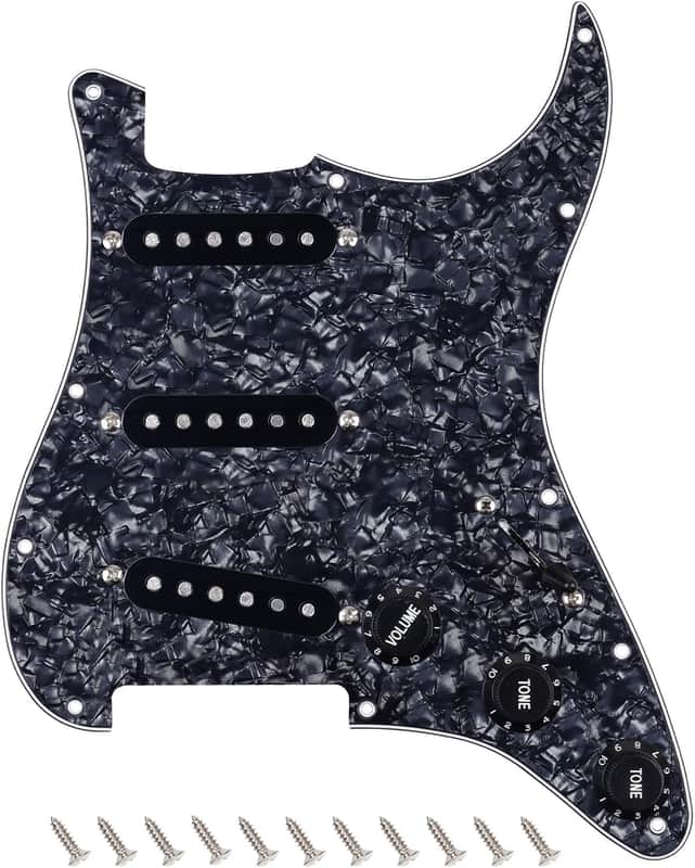 4Ply Loaded SSS Pickguard Vintage F '60s Tones Prewired Strat Pickguard with Staggered Alnico 5 SSS Single Coil Pickups for Fender Stratocaster ST Electric Guitars JT/HBZC-01 Black Pearl image 1