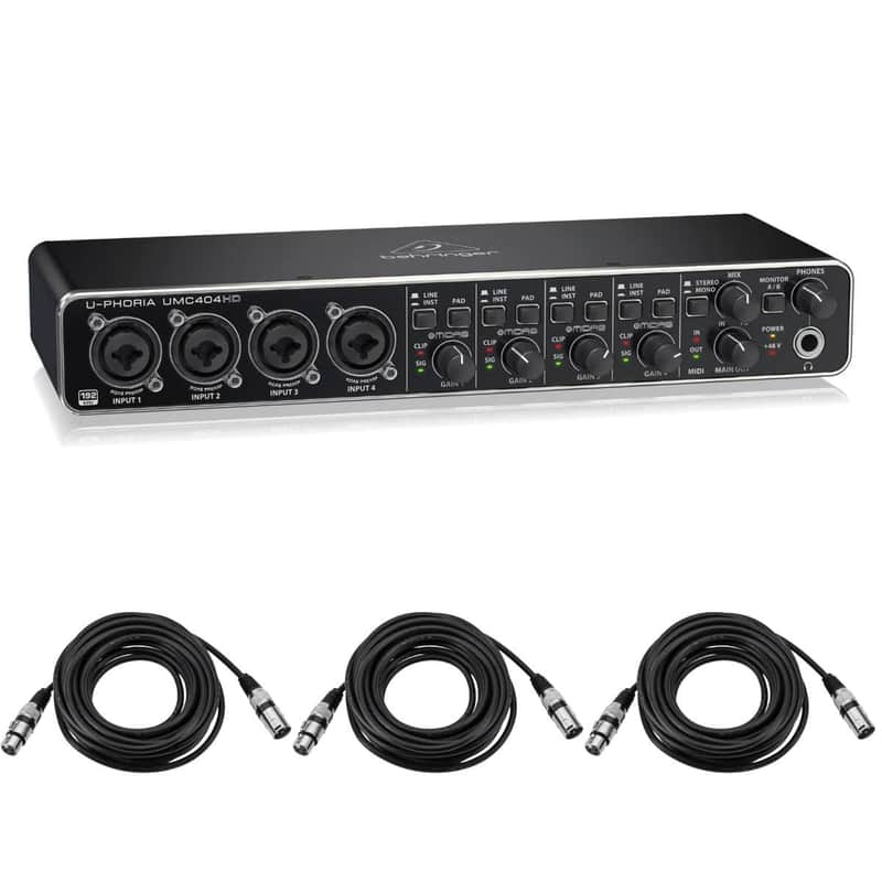 Behringer Behringer U-PHORIA UMC404HD Audiophile 4x4, USB Audio/MIDI Interface with MIDAS Mic Preamplifiers - With 10' Stereo 3.5mm Mini Male to Two Mon -1/4in Phone Plugs, Y-Cable, 3-Pk 20' 8mm XLR Mic Cable image 1