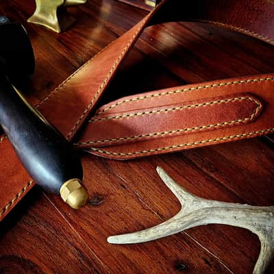 Handmade Leather Guitar Strap - Wolf in Chestnut and Pea Green [SOLD, MORE MADE TO ORDER] image 10