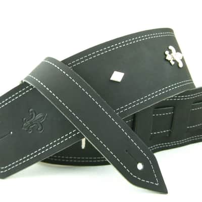 Tricked Out Leather- Black Leather -Guitar Strap- Fleur de Lis Conchos Silver Diamonds image 2