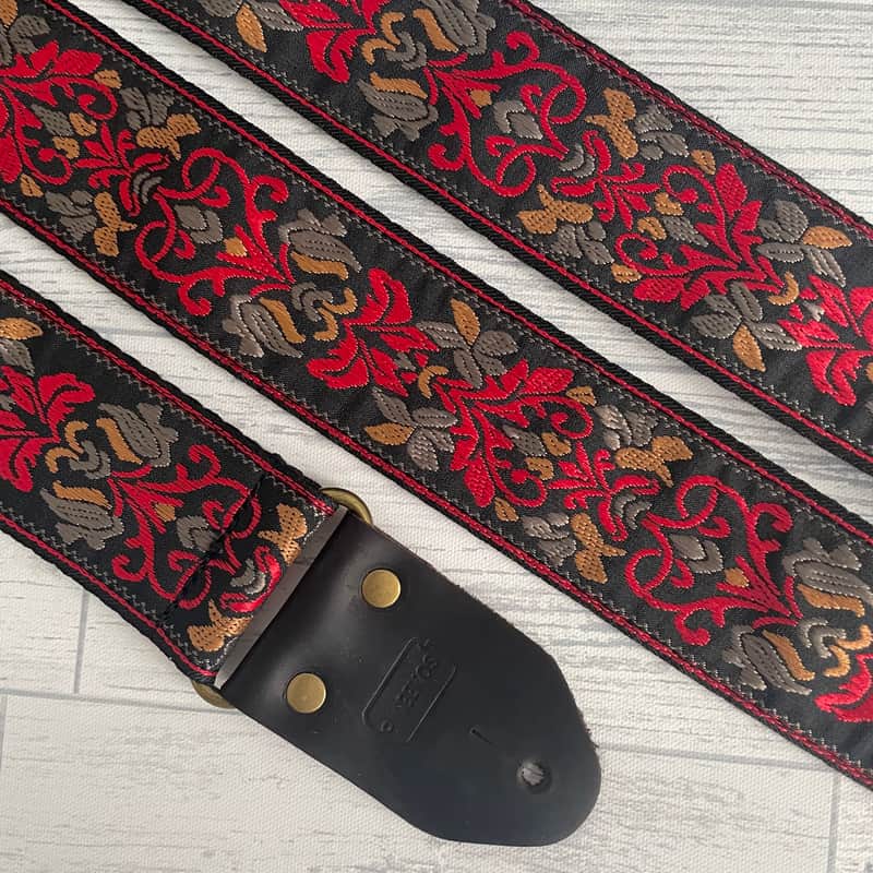 Red and black jacquard flower design guitar strap image 1