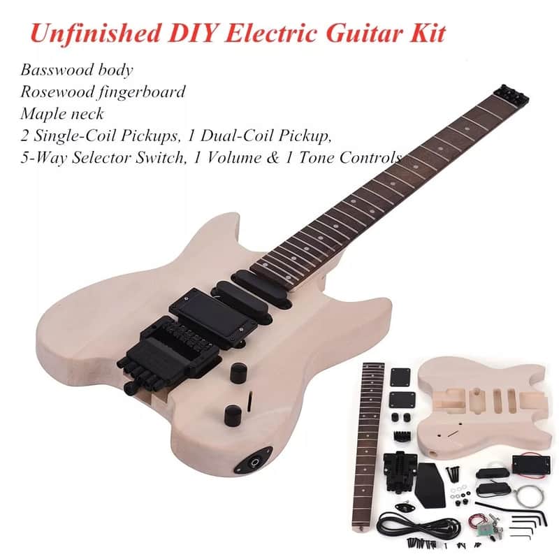 Unfinished DIY Electric Guitar Kit – Basswood Body, Maple Neck, No Headstock, 5-Way Pickup Switch image 1