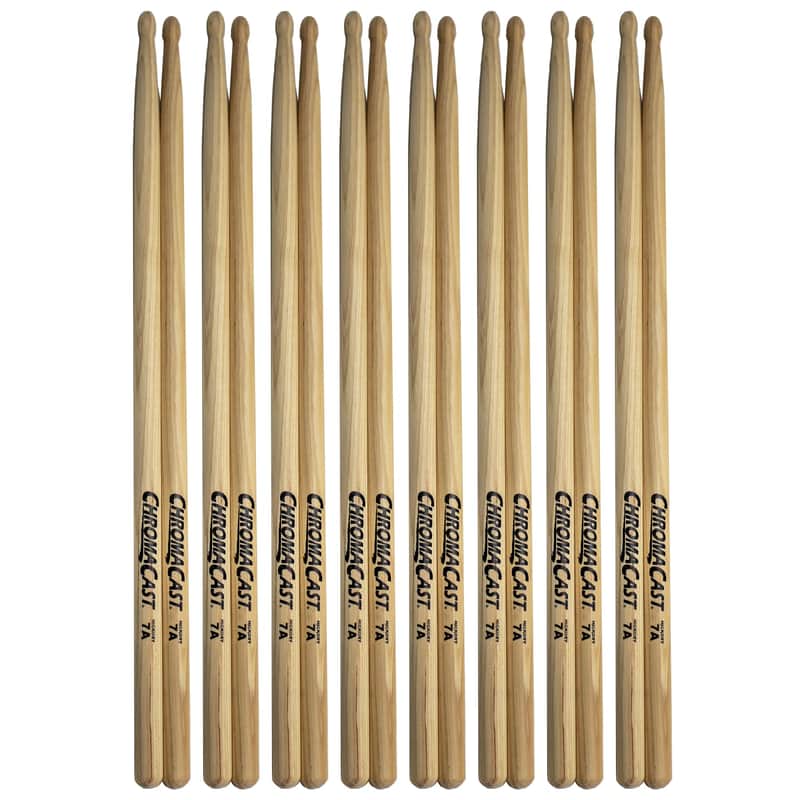 ChromaCast 7A USA Made Hickory Drumsticks 8 Pair - Wood Tipped - Perfect for Beginner, Intermediate and Professional Drummers - Real American Hickory Wood image 1