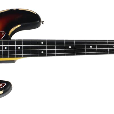 Vintage V74 Icon Fretless Bass Guitar in Distressed Sunset Sunburst w/Upgraded Pickguard image 6