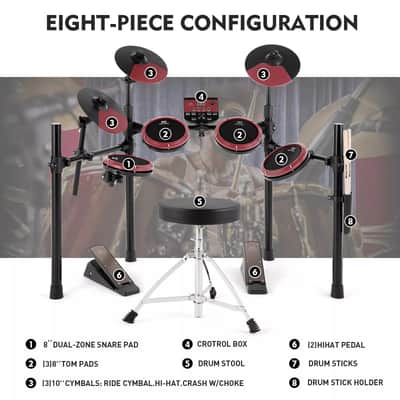 8-Piece Electric Drum Set with 180 Sounds, USB MIDI, and Stool – Beginner-Friendly Electronic Drum Kit with Sticks and Coaching Functions image 3