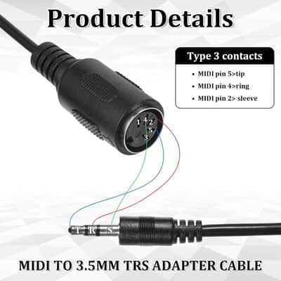 2 Pack of Type-A MIDI to 3.5mm Adapter, 14" MIDI Female to TRS 3.5mm Male Breakout Cable Audio Converter BMIDI-5-35 Type A TRS Male 5-pin DIN Cable Ultra-Small Plugs for Keyboards Synths DAWs image 3