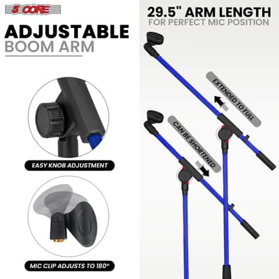 5 Core Mic Stand Floor Pair Adjustable 72" Tripod Microphone Stands w Telescoping Boom Arm image 3