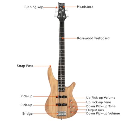 Glarry Burlywood GIB 5 String SS Pick-up Electric Bass Guitar w/20W Amplifier image 4