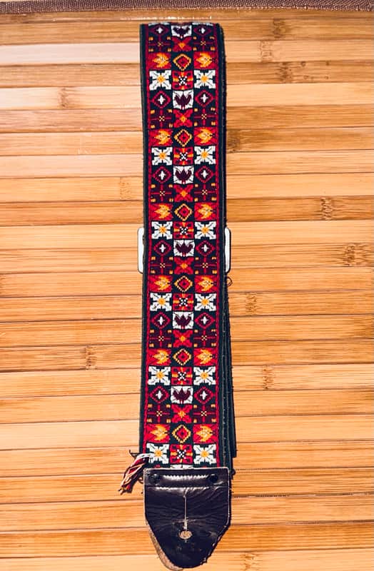Vintage Ace Guitar Strap – 1960s USA – Red / Black Mosaic Floral Pattern image 1