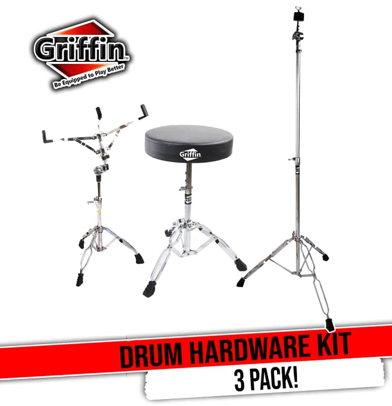 GRIFFIN 3 Pack Drum Hardware Set (Percussion TiltPro X Edition) – Drum Throne, Snare Stand & Cymbal Stand – Chrome Kit for Practice Pads, Tom-Toms & Standard Drum Setup image 1