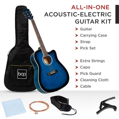 Best Choice Products 41in Beginner Acoustic Electric Cutaway Guitar Set w/ Case, Strap-Blue image 8