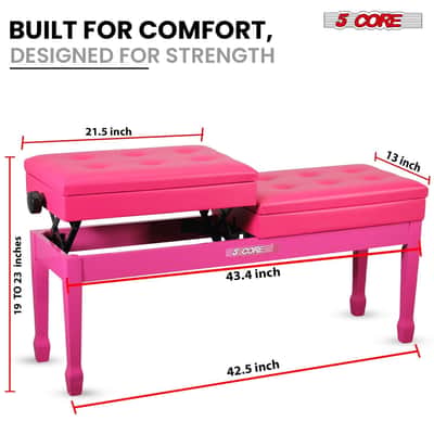 5 Core Duet Piano Bench 3.5 Inch Padded Cushioned Stool Wooden Heavy Duty Musician Chair Height Adjustable Double Keyboard Seat w Storage Nonslip Cherry - PNB DT CHERRY-Cherry image 3