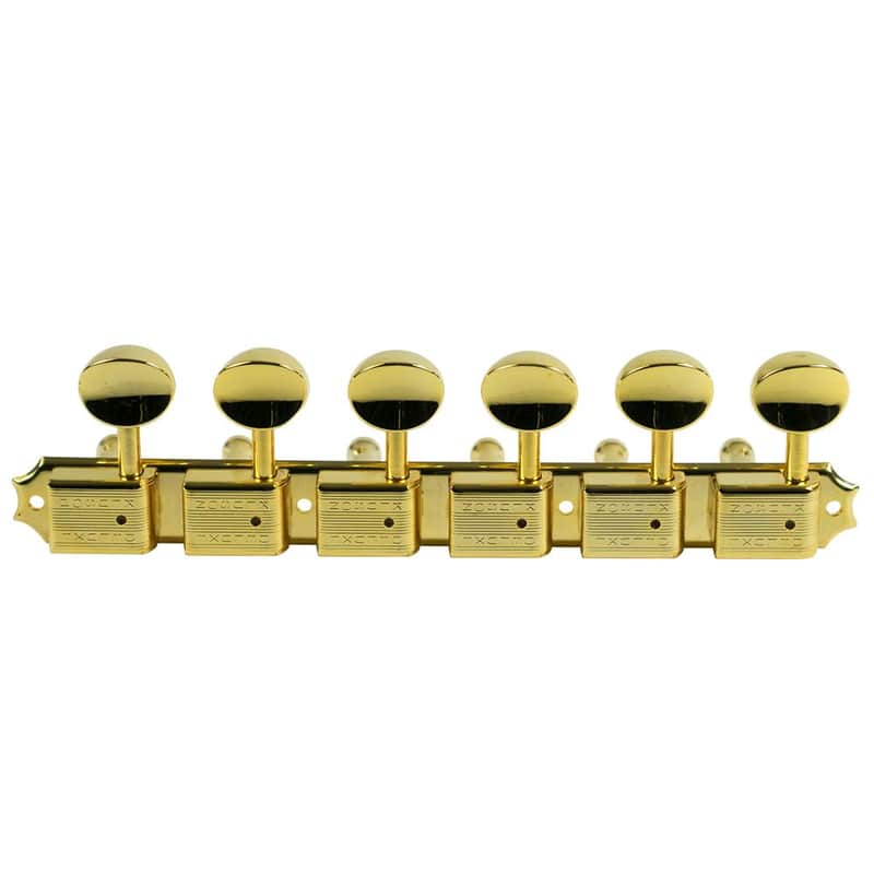 Kluson 6 On A Plate Left Hand Deluxe Series Tuning Machines - Double Line - Gold With Oval Metal Buttons image 1