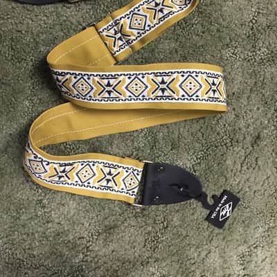 LM FF-55 GO Yellow Jaquard RETRO pattern GUITAR strap NEW nylon - LEATHER ends image 1