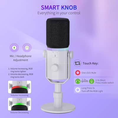 XLR USB Dynamic Microphone with Desktop Stand Gifts for Podcast Recording PC Computer Gaming Streaming Vocal Voice-Over, Studio Metal Mic, RGB Light, Mute Button, Headphones Jack (White) image 2