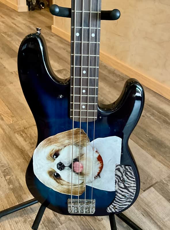 4-String Bass Guitar - Black/Blue Fade w/ Puppy Design image 1