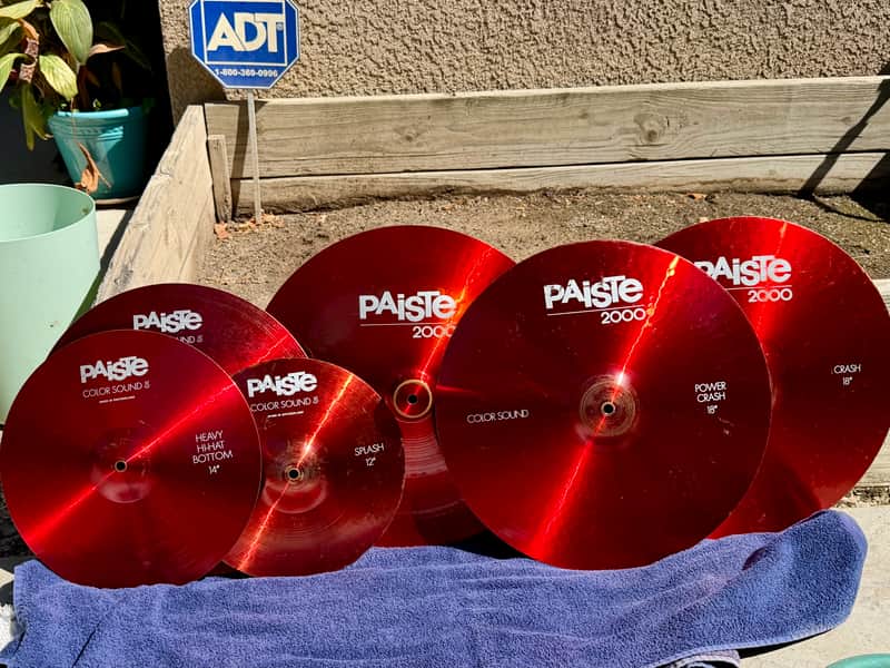 Paiste Colorsound Cymbal Set-14 Heavy hats, 12 Splash, 16 Crash, 18" Crash, 18" Heavy Crash, and 18" China 1980's - Red image 1