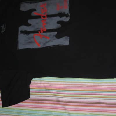 new (no tags) A+ genuine Fender Built to Inspire short sleeve T-Shirt, Black, size XL (X-Large), 100% Cotton, part # (p/n): 9112000606, Black Shirt with Gray, Red, & Black GRAPHIC image 8