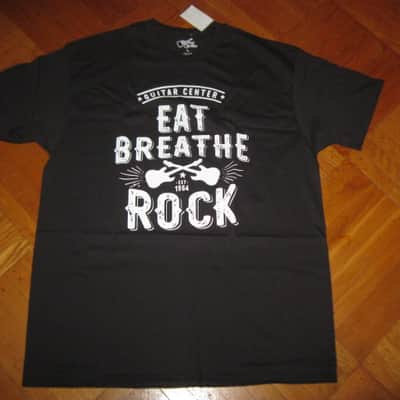new in package A+ Guitar Center EAT BREATHE, ROCK Men's Size Large (L), Black 100% Cotton Short Sleeve T-Shirt - Graphic is in White and it says / shows: GUITAR CENTER EST. 1964, EAT, BREATHE, ROCK + has dual guitars, stars, & lines (Style # GC005-11730) image 6
