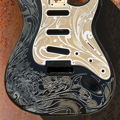 Glossy Black XGP Stratocaster Style Laser Engraved Guitar Body with Cherry Wood Veneer Pickguard and Tremolo Cover HSH, HSS, SSS Setups Available image 1