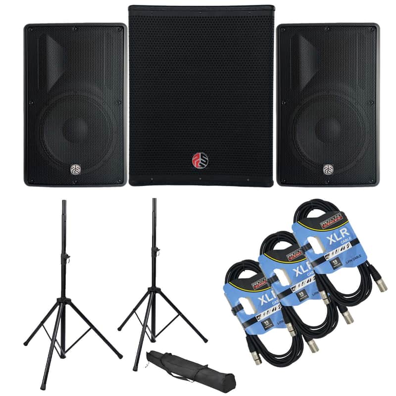 (2) PSG Audio Cobra 15" 2000 Watt, PSG Audio CHAOS 18 2400 Watts Sub, Stands, (3) XLR Cables Bundle image 1