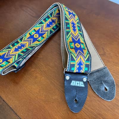 Vintage 1960s 1970s Ace Guitar Strap God's Eye Hippie Blue Green Yellow Black image 1