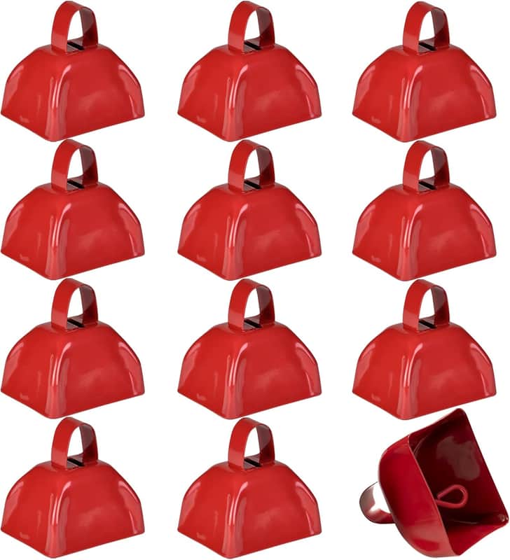 Metal Cowbell - 12 Pack, 3 Inch Red Cow Bells for Sporting Events, Cheering, Spirit, Loud Cow Bell Ideal Hand Percussion Cowbells Noise Makers for Sporting Events, Football Games, and Celebrations image 1
