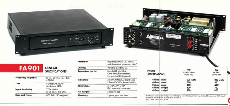 Crest Audio FA-901 800-Watt Power Amplifier 1990s - Black image 1