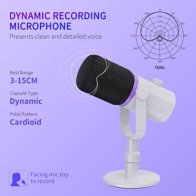 XLR USB Dynamic Microphone with Desktop Stand Gifts for Podcast Recording PC Computer Gaming Streaming Vocal Voice-Over, Studio Metal Mic, RGB Light, Mute Button, Headphones Jack (White) image 3