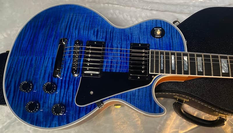 NEW! Gibson Dealer Select Custom Shop Les Paul Custom AAA Figured Flame Top - Transparent Blue / Natural Back - Authorized Dealer - WOW! 8.9 lbs - G06607 image 1