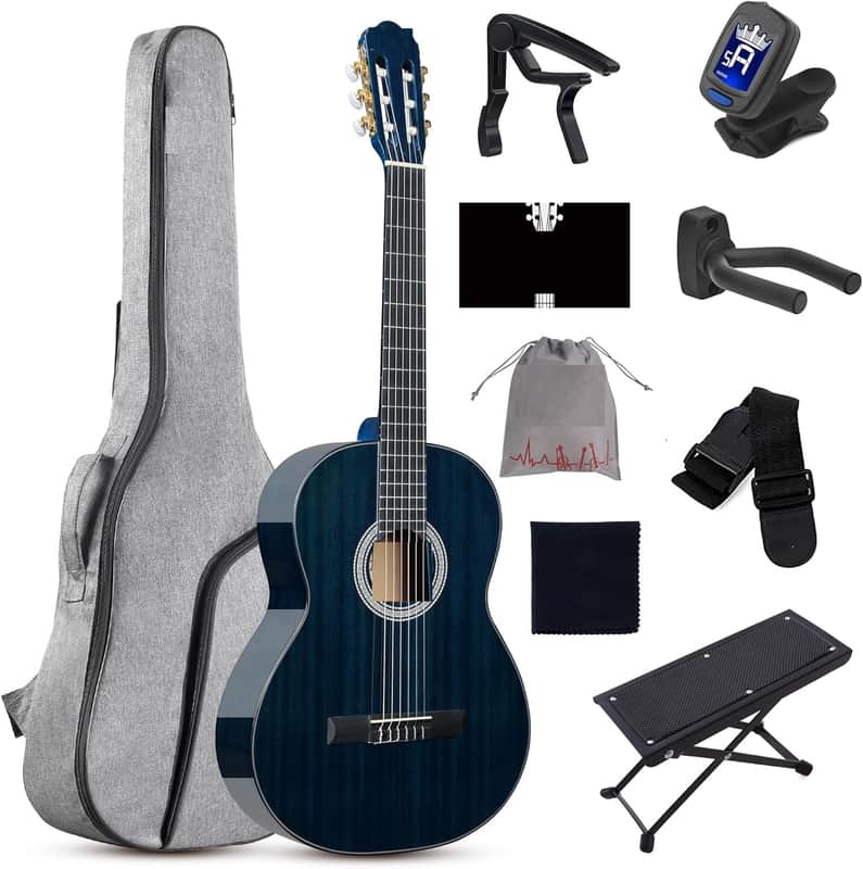 4/4 Classical Guitar, 39 Inch Full Size Nylon String Guitar for Beginner Adults, Full Classic Guitar Kit with Free Lessons, Gig Bag, Footstool, Capo, Tuner, Hanger and Strap (Glossy Blue) image 1
