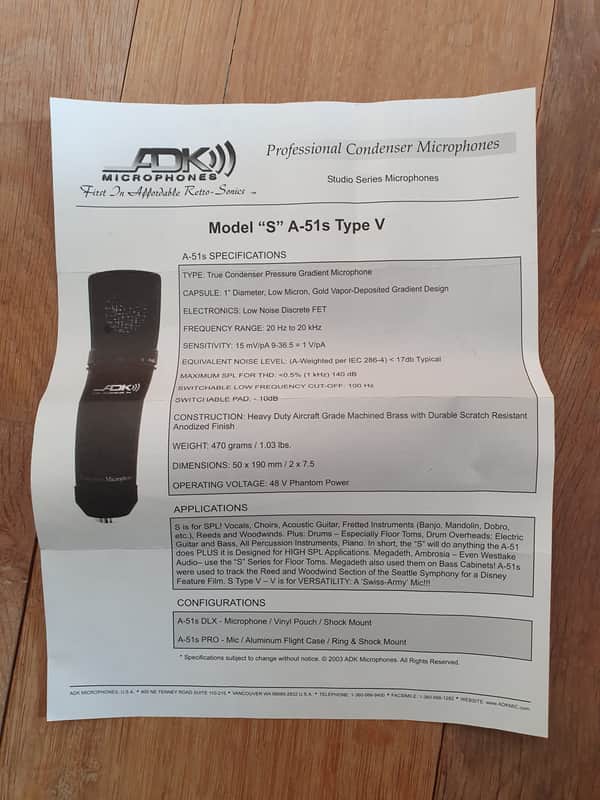 ADK Microphones Model S A-51s Mk5.1s Diaphragm Cardioid Condenser Microphone 2008 - 2014 - Black image 1