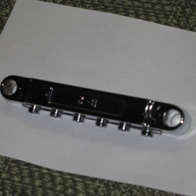 lightly used Epiphone B-2 metric ABR-1 vintage style bridge, wired,  CHROME, large posts mounting pieces (NO anchors) 1990s/2000s (for some import guitars that use this style bridge) will NOT fit on Gibson - mounting holes are too big image 21