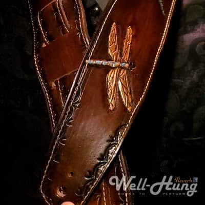 Well-Hung Dragonfly 2-3/4" wide padded leather guitar strap - Dark Brown, Irridescent Dragonflies image 3