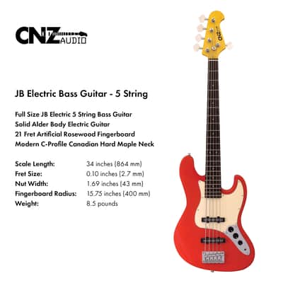 CNZ Audio JB Left Handed Electric Bass Guitar - Fiesta Red Finish image 4