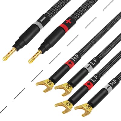 6 Foot ULTIMATE - 9 AWG - Ultra-Pure OFC - Premium Audiophile HiFi Bi-Wire Speaker Cable Pair with Eminence Gold Banana (x2) & Spade (x4) Plugs & Carbon Tweed Jacket image 1
