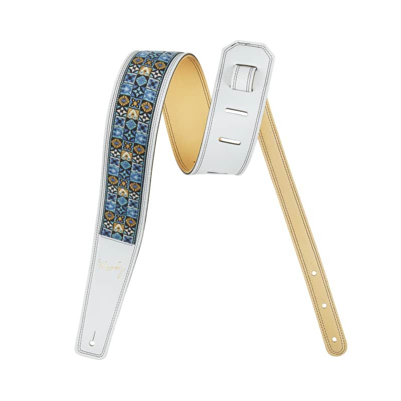 2.5" - Hippie Series - Leather Backed Guitar Strap - White/Cream/Blue Patterned Extra Long (adjusts from 53" - 60") + $30.00 image 1