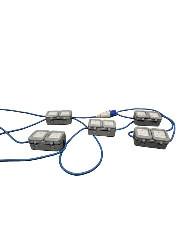 Blue CEE Industrial Plug to 5× Dual UK Socket Distribution Lead - Rugged Industrial Design - Good image 1