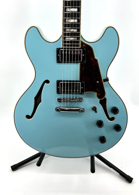 D'Angelico Premier DC Semi-Hollow with Stop-Bar Tailpiece 2021 - Sky Blue with D'Angelico Gig Bag image 1