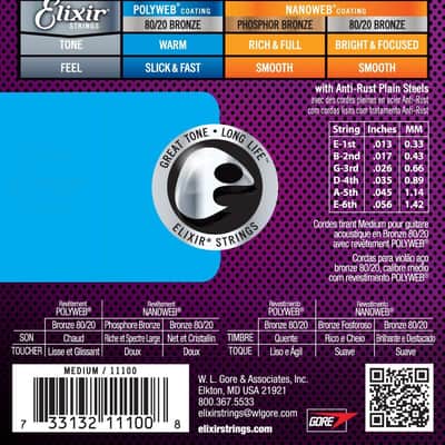 Elixir Strings 80/20 Bronze Acoustic Guitar Strings w POLYWEB Coating, Medium (.013-.056) 11100 image 2